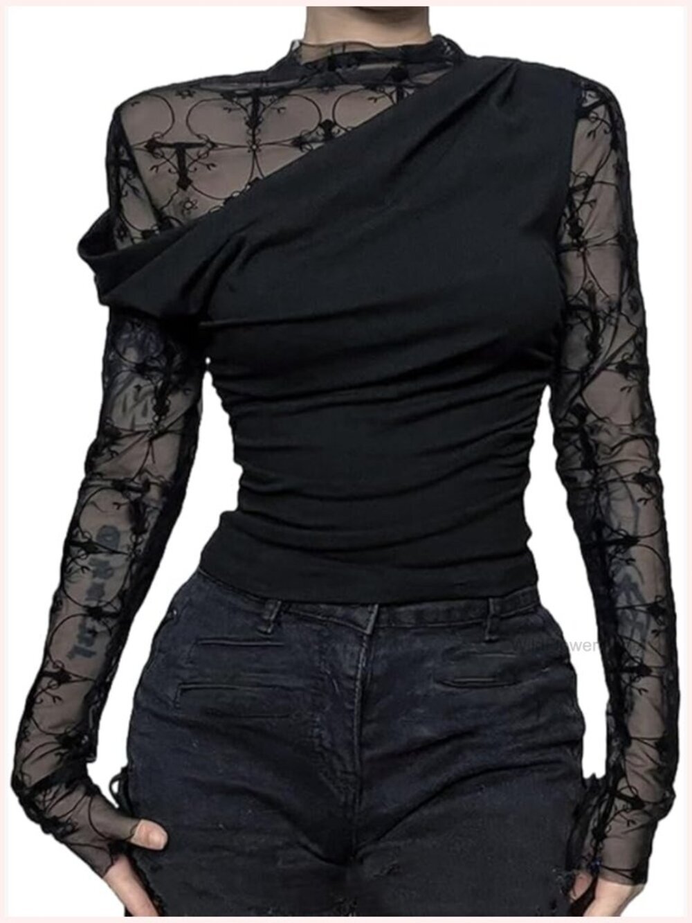See Through Mesh Crop Top Long Sleeve Patchwork Y2K Going Out Blouse